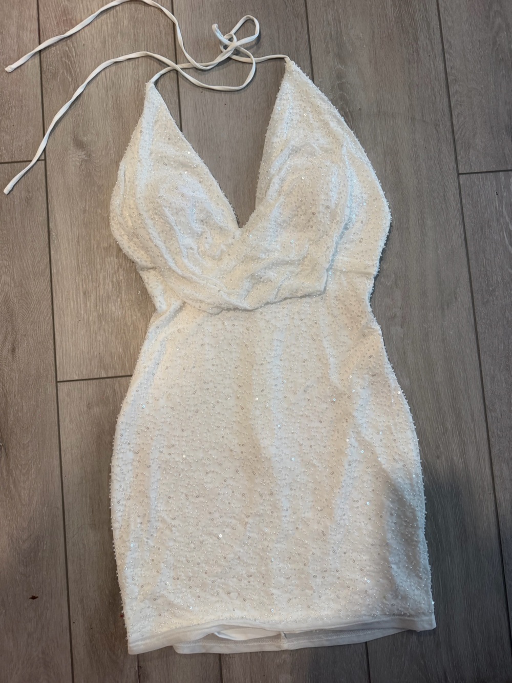 White Sequin Halter Mini Dress - Brand: